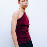 One shoulder draped top burgundy